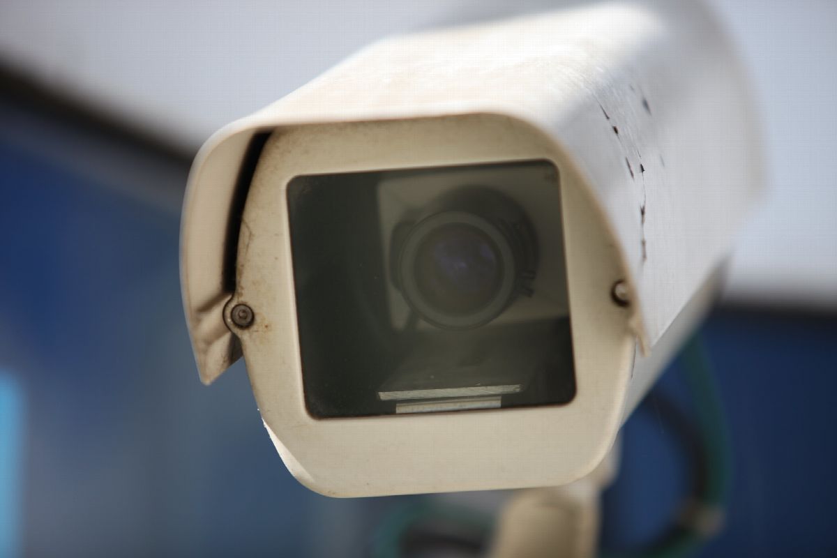Security camera mounted on a wall